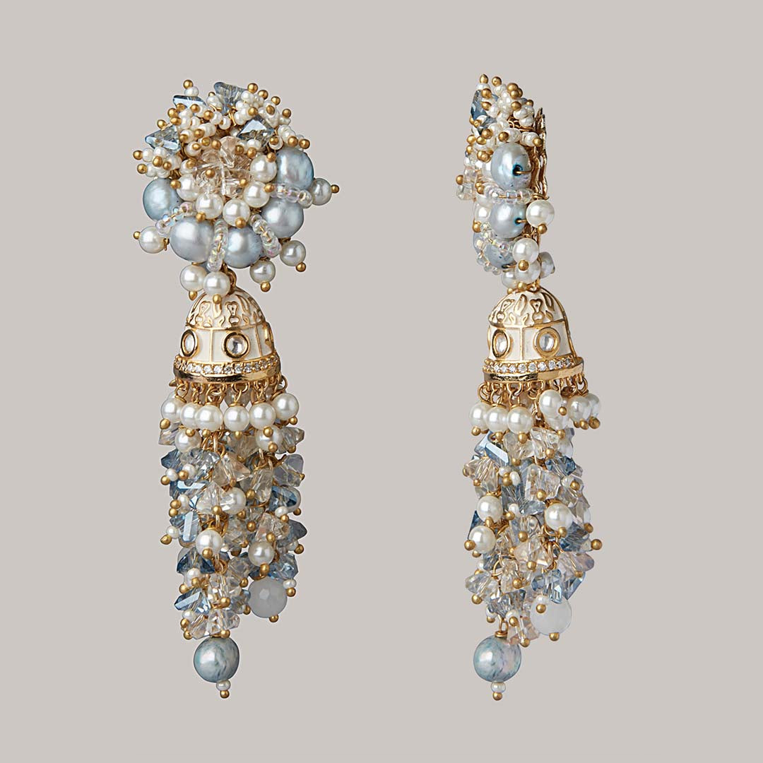 Gold Plated Greyish Blue Long Jhumka Earrings - LE-779-01 GREY