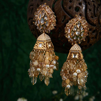 Golden Tassel Earrings With Kundan And Meenakari Jhumka - LE-785-01 GOLD