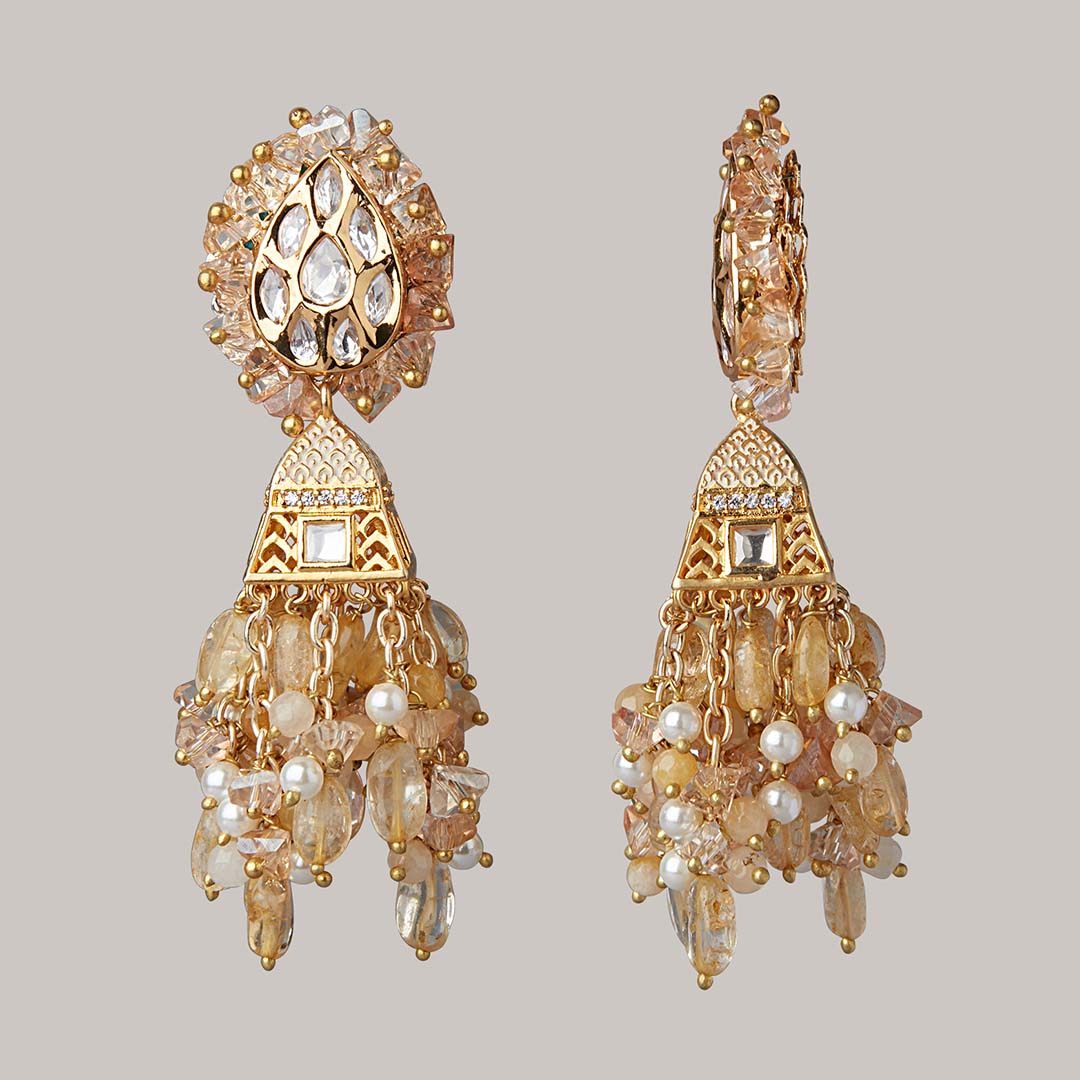 Golden Tassel Earrings With Kundan And Meenakari Jhumka - LE-785-01 GOLD