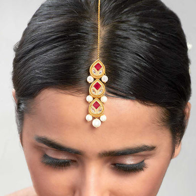 Red Enamelled Ethnic Maang Tikka With White Pearl Drops - MTAHA18