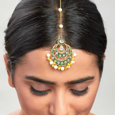 Green Enamelled Kundan Polki Ethnic Maang Tikka - MTAHA1