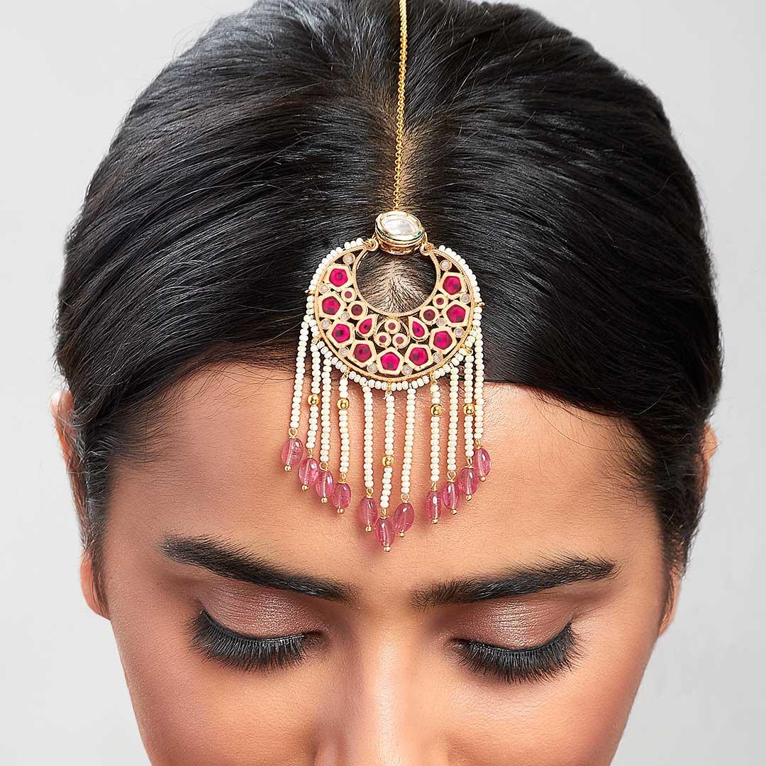 Red & White Kundan Polki Beaded Maang Tikka - MTAHA25