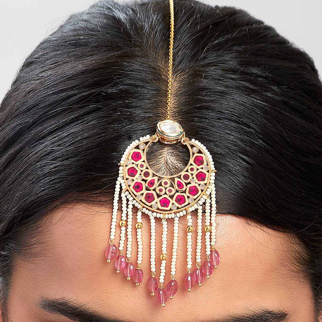 Red & White Kundan Polki Beaded Maang Tikka - MTAHA25