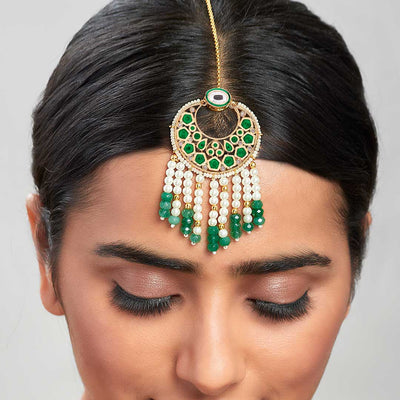 Green & White Kundan Polki Beaded Maang Tikka - MTAHA26