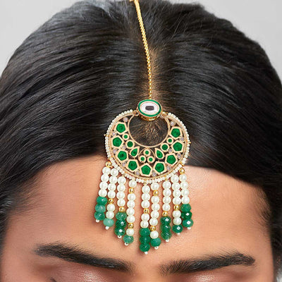 Green & White Kundan Polki Beaded Maang Tikka - MTAHA26