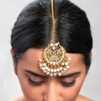 White & Green Pearl Drop Kundan Polki Ethnic Maang Tikka - MTAHA33