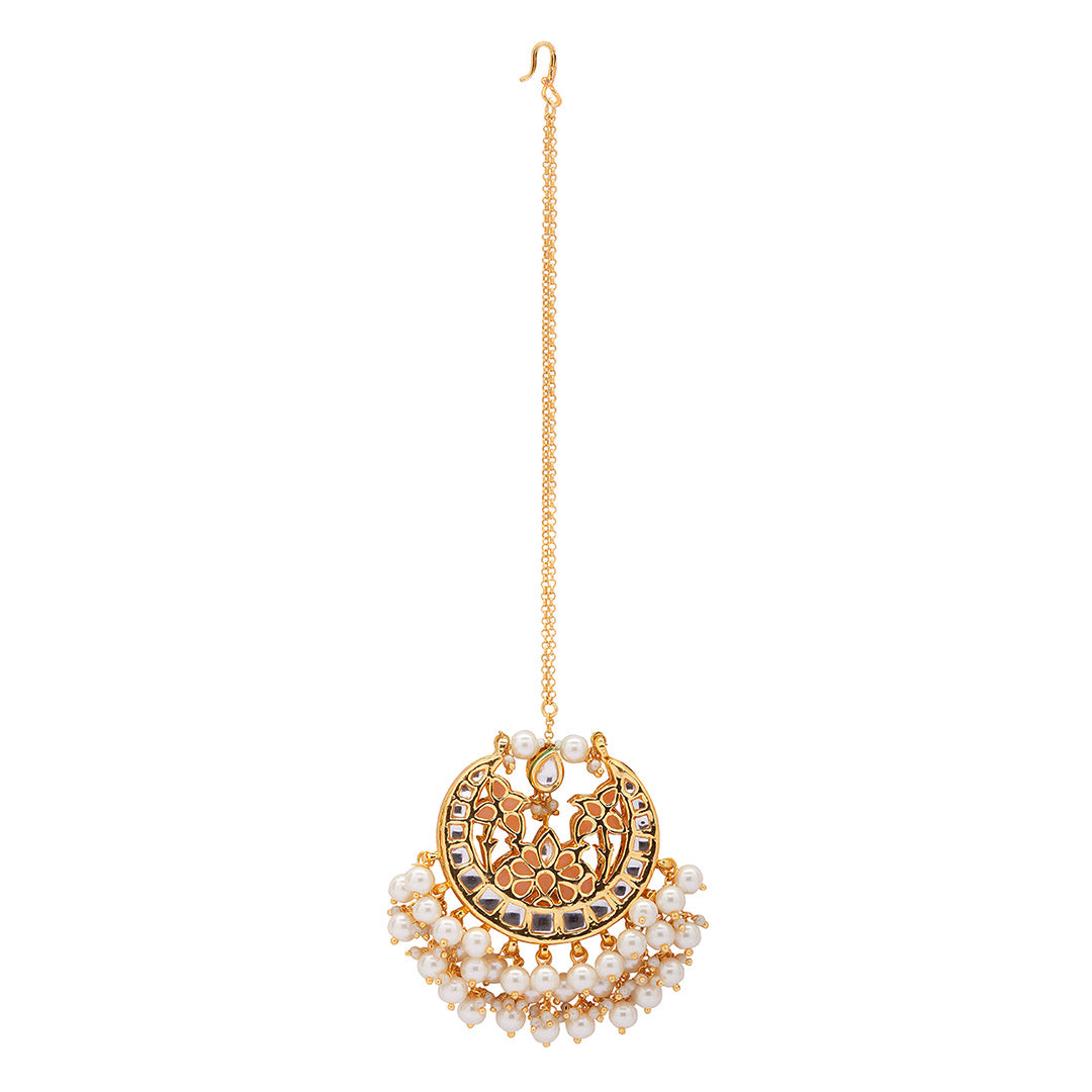 White & Peach Pearl Drop Kundan Polki Ethnic Maang Tikka - MTAHA34