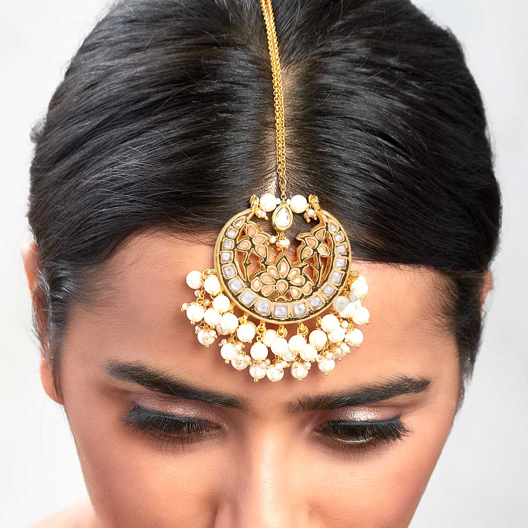 White & Peach Pearl Drop Kundan Polki Ethnic Maang Tikka - MTAHA34