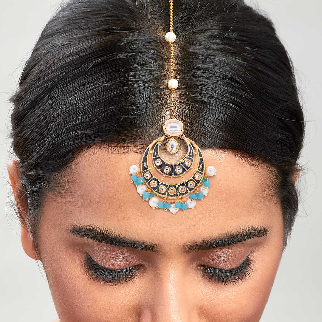 Blue Enamelled Kundan Polki Ethnic Maang Tikka - MTAHA4