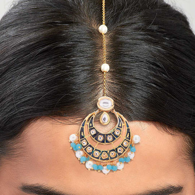 Blue Enamelled Kundan Polki Ethnic Maang Tikka - MTAHA4