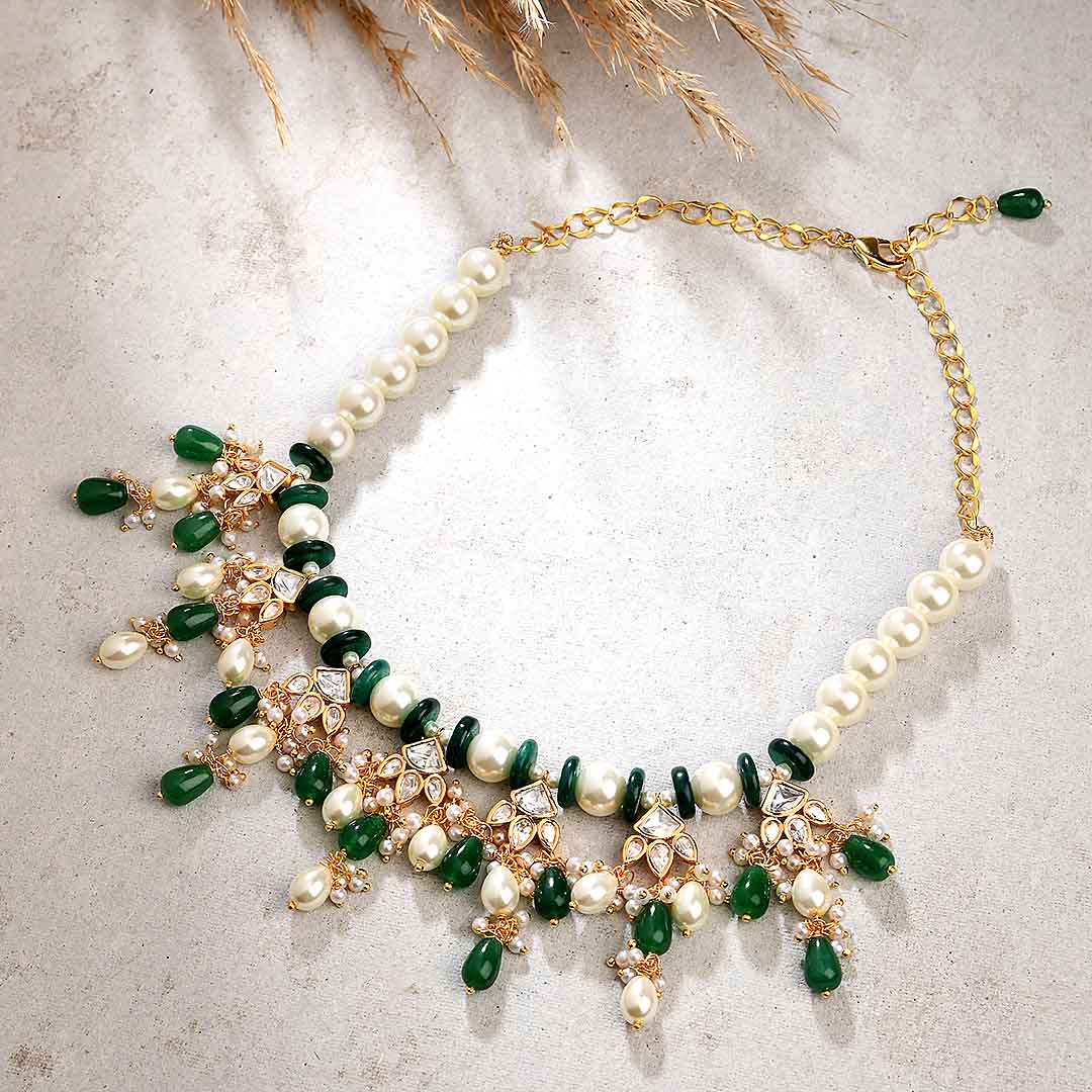 White & Green Necklace With Kundan Polki - MYJBRBLN 24