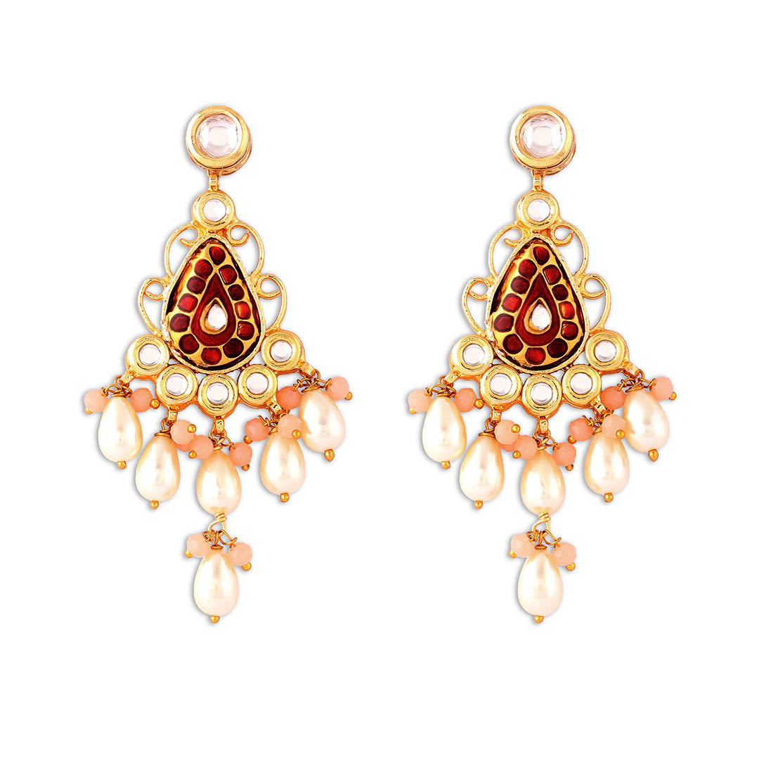 Multi-Colour Kundan Polki Chandelier Earrings With Pearls - O2AHAER21