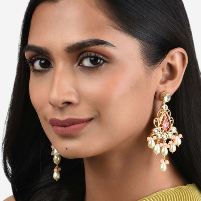 Multi-Colour Kundan Polki Chandelier Earrings With Pearls - O2AHAER21